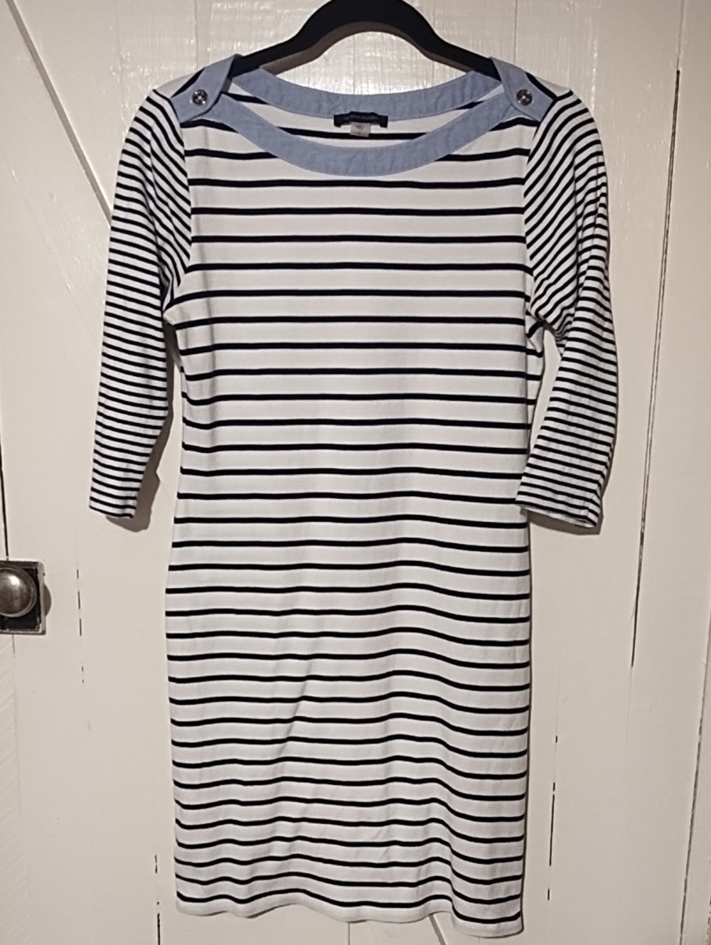 Tommy Hilfiger Navy and White Striped Boatneck Midi Dress EUC Size Small.